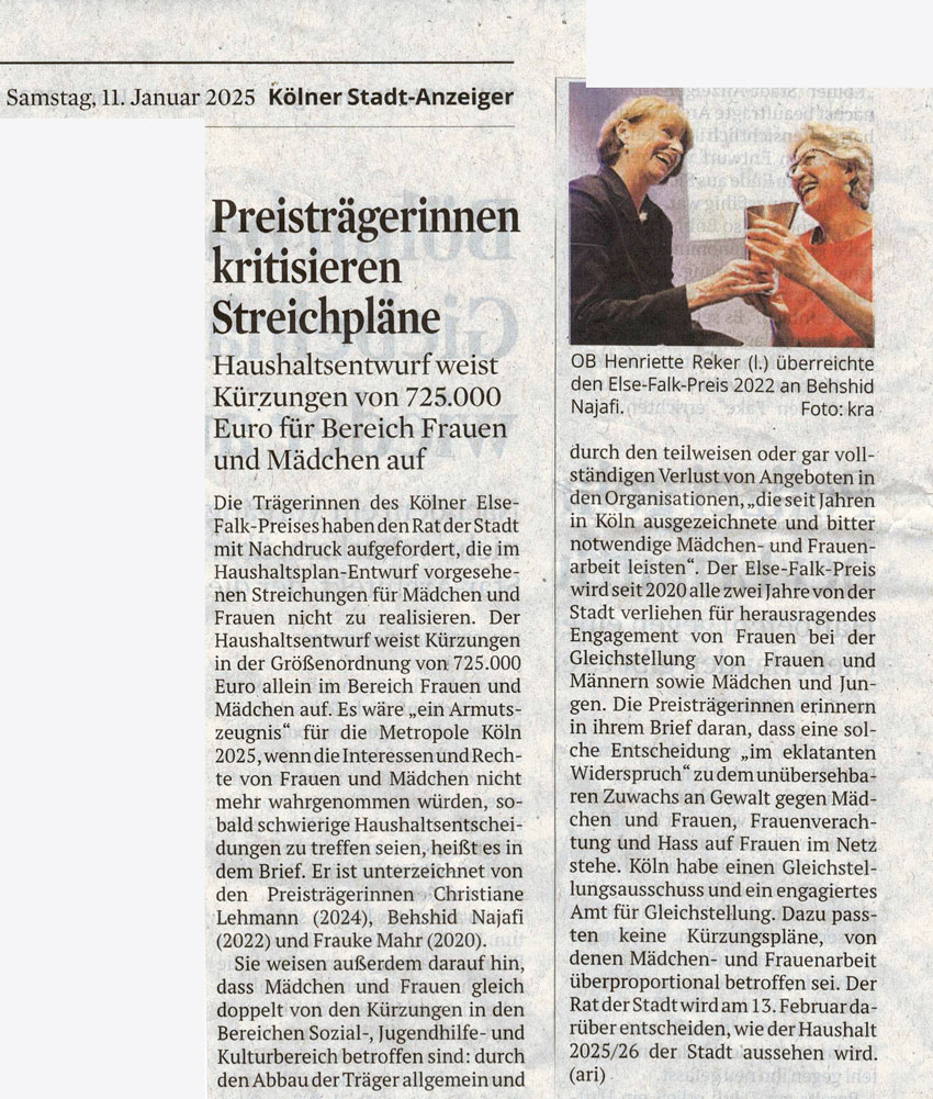 Kölner Stadtanzeiger Die Else Falk Preis-Trägerinnen empören sich!